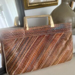 Vintage tan  leather patchwork  bag with gold handle